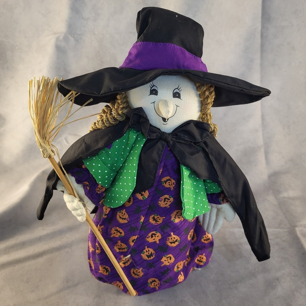 14" Halloween Witch Fabric Figurine w/ Broom Free Standing Purple Pumpkin